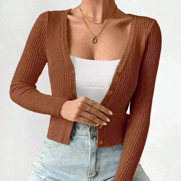 Coffee Brown Casual Women's Slim Fit V-Neck Long Sleeve Short Cardigan - Picture 4 of 7